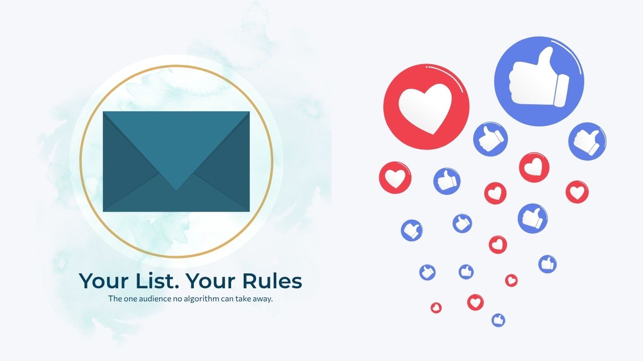 Email inbox icon glowing steady while social media like icons fade, representing an owned email list versus rented social media reach